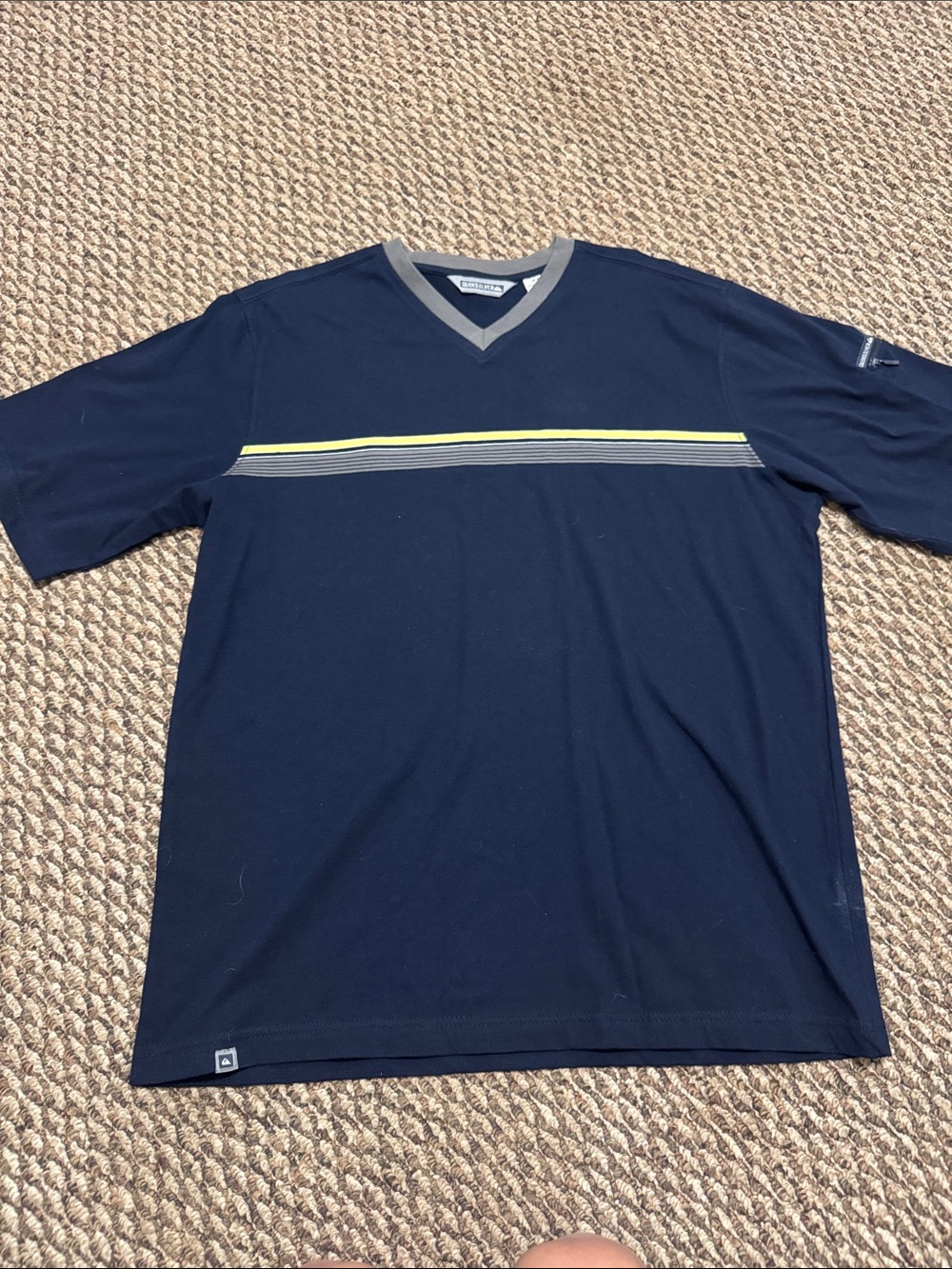Quiksilver Navy Short Sleeve V-Neck Tee with Yellow Stripe